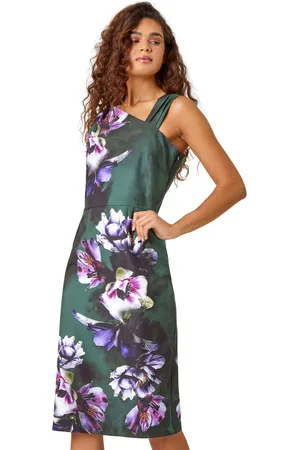 Roman Womens Floral Asymmetric Pleat Detail Stretch Dress - Lace - Size 10 UK