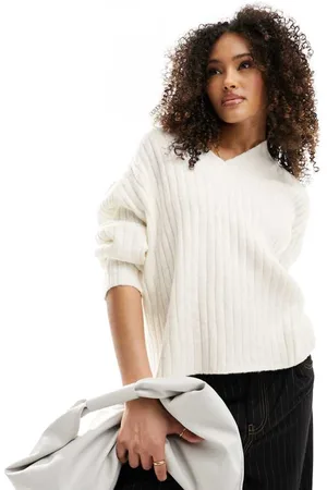 ASOS Womens boxy v neck jumper in rib in melange-White - Size Large