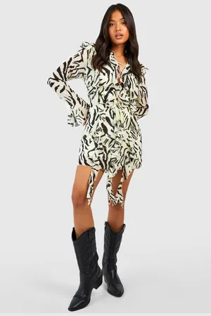 Boohoo Womens Petite Zebra Ruffle Boho Mini Dress - - Size 14 UK