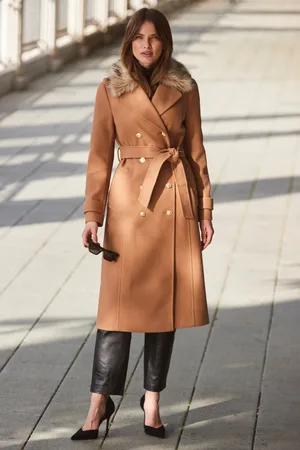 Sosandar Womens Camel Longline Faux Wool Trench Coat with Fur Collar - - Size 16 UK