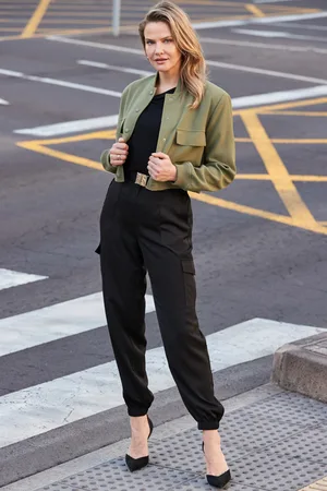 Sosandar Womens Satin Utility Trousers With Gold Buckle - Size 20 Short