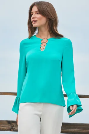 Sosandar Womens Aqua Ring Detail Flared Sleeve Top - - Size 12 UK