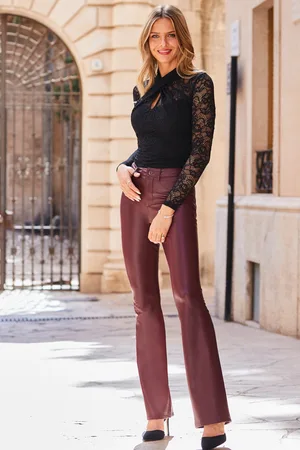 Sosandar Womens Faux Leather Button Front Kick Flare Trousers - Size UK 6 Long