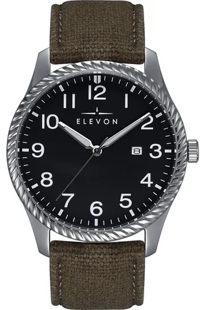 ELEVON Mens Crosswind Canvas-Overlaid Leather-Band Watch w/ Date - Metal - One Size