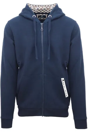 Aquascutum Mens Branded Taped Pocket Navy Zip-Up Hoodie - Size Medium