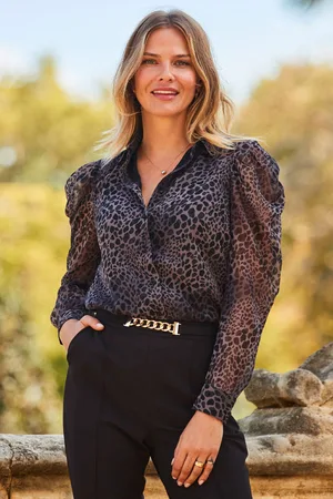 Sosandar Womens Animal Print Puff Shoulder Sheer Sleeve Shirt - Size 8 UK