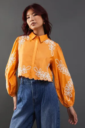 warehouse Womens Embroidered Poplin Cropped Shirt - Cotton - Size 10 UK