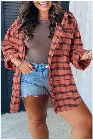 Azura Exchange Womens Oversized Plaid Shirt Orange - Cotton - Size Large