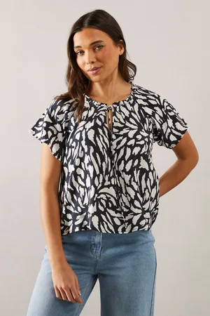 wallis Womens Petite Mono Animal Tie Neck Top - viscose - Size 18 UK
