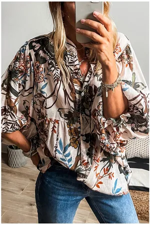 Azura Exchange Womens Floral Print Balloon Sleeves Button Up Loose Casual Shirt - Size Medium