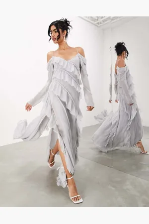 ASOS Womens long sleeve bias cut maxi dress with raw edge frills in - Size 6 UK