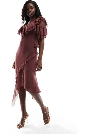 ASOS Womens asymmetric frill midi dress in berry-Red - - Size 8 UK