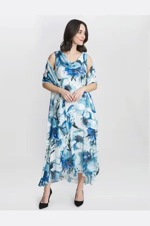 Gina Bacconi Womens Angelica Midi Length Cowl Neck Printed Dress And Shawl - - Size 20 UK