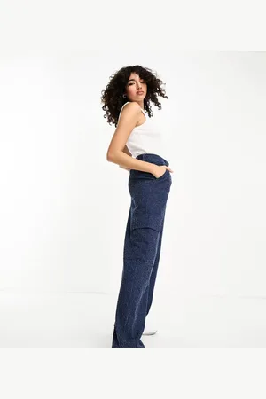 Object Womens Tall textured denim cargo trouser in dark wash - Size EU 34 (Womens)