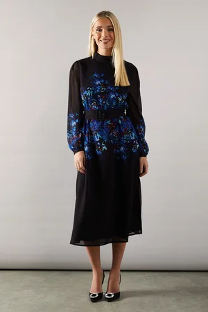 wallis Womens Petite Placement Print Floral Belted Midi Dress - - Size 16 UK