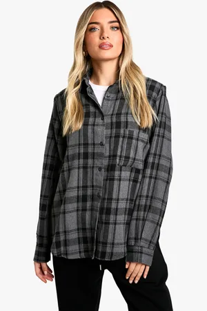 Boohoo Womens Check Cinched Shoulder Pad Shirt - - Size 12 UK