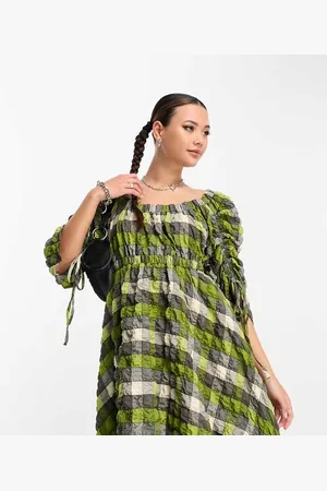 COLLUSION Womens ruched sleeve check mini dress in - Size 14 UK