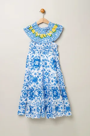 MISS Girls Tile Print Dress with Lemon Detail - - Size 7-8Y