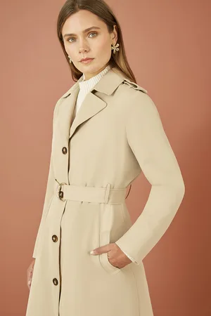 Yumi Womens Beige Belted Long Trench Coat With Belt - - Size 14 UK