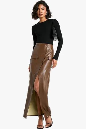 Boohoo Womens Tall Faux Leather Button Detail Wrap Maxi Skirt - - Size 6 UK