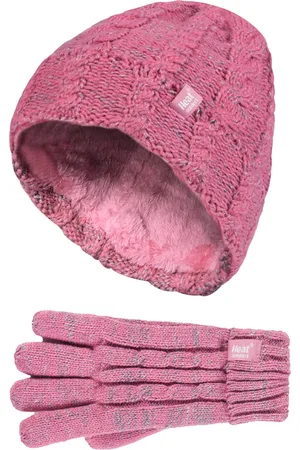 Heat Holders Boys - Kids Girls Cute Cable Knitted Warm Fleece Lined Pompom Winter Hat and Gloves Set with Bobble - CS4P14 - - Size 7-10Y