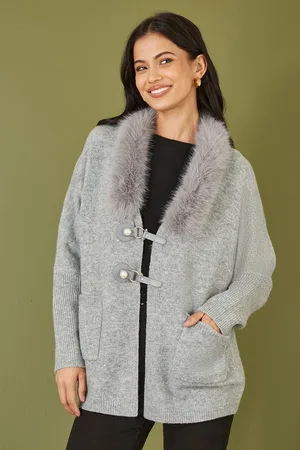 Yumi Womens Cardigan With Detachable Fur Collar Trim - Size Medium/Large