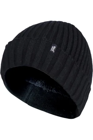 Heat Holders Mens Ribbed Knit Fleece Lined Insulated Warm Turn Over Cuff Thermal Winter Beanie Hat - - Size UK 6-11