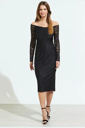 Sosandar Womens Black Lace Long Sleeve Bardot Midi Dress - - Size 6 UK
