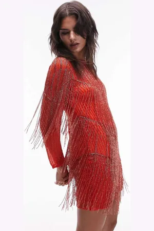 Topshop Womens long sleeved chevron beaded fringe mini dress in - Size 8 UK