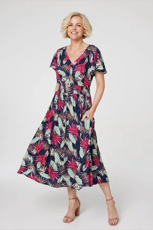 Izabel London Womens Navy Leaf Print Midi Skater Dress - viscose - Size 8 UK