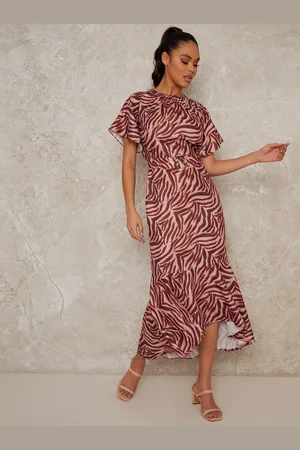 Chi Chi London Womens Animal Print Angel Sleeve Midi Dress in - Size 8 UK