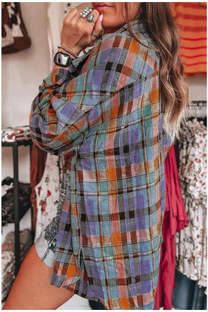 Azura Exchange Womens Plaid Print Loose Vintage Shirt Cotton - Size Large