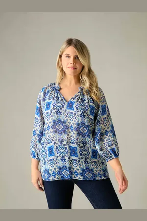 Live Unlimited London Womens Tile Print Ruffle Neck Blouse - Size 12 UK