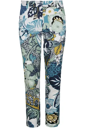 Conquista Womens Floral Cotton Pants in Blue and Green Shades - - Size Small