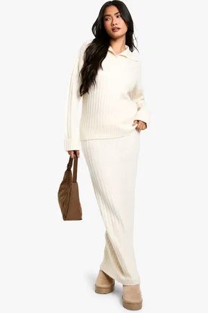 Boohoo Womens Soft Knit Thick Rib Collar Detail Jumper And Maxi Skirt Set - - Size Medium