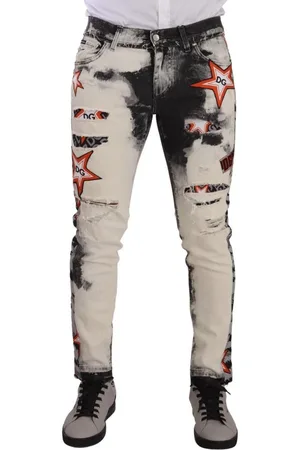 Dolce & Gabbana Mens White Black Cotton Distressed Skinny Denim Jeans material_cotton - Size IT 48 (Mens)