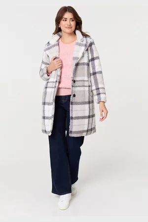 Izabel London Womens Checked Teddy Fur Thigh Length Jacket - Size 8 UK