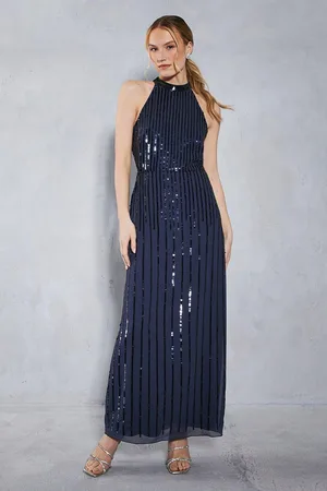 Oasis Womens Petite Linear Sequin Halter Neck Maxi Dress - - Size 16 UK