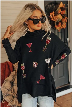 Azura Exchange Womens Drinks Patched Graphic Dolman Sleeve High Neck Split Top - Size Large