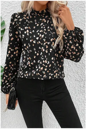 Azura Exchange Womens Leopard Print Lantern Sleeve Mock Neck Pleated Blouse - Size Large