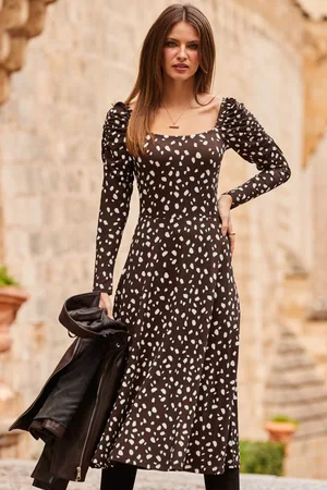 Sosandar Womens Chocolate Fleck Print Square Neck Midi Dress - Size 6 UK