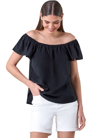 Roman Womens Frill Detail Linen Blend Bardot Top - - Size 10 UK