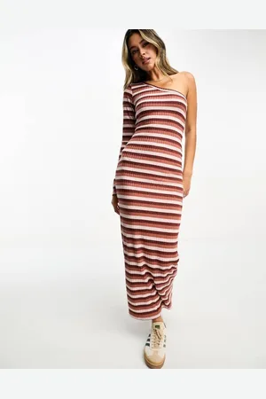 ASOS Womens ribbed one shoulder long sleeve striped maxi dress-Brown - - Size 18 UK