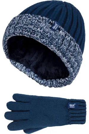 Heat Holders Children Boys Winter Warm Fleece Lined Insulated Knit Turn Over Cuff Ribbed Hat and Gloves Set - NS1P9710 - - Size 11-12Y