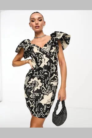French Connection Womens jacquard print puff sleeve mini dress in and white - Size 8 UK