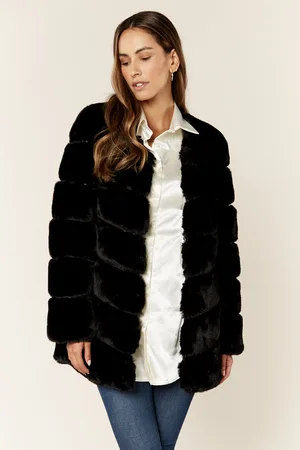 Gini London Womens Diagonal Cut Faux Fur Long Sleeve Jacket - - Size L/XL