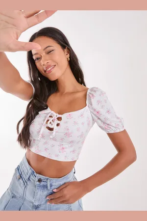 Pink Vanilla Womens Floral Puff Sleeve Crop Top - Size Medium