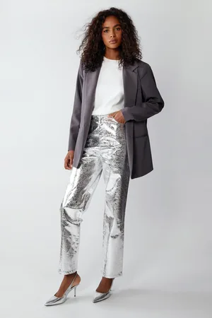 warehouse Womens Premium Metallic Crackle Faux Leather Trouser - - Size 14 Regular