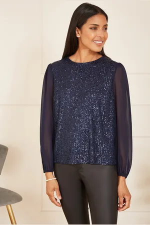 Yumi Womens Sequin Top With Sheer Sleeves - Size 16 UK