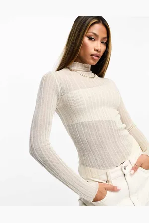 ASOS Womens high neck asymmetric sheer and solid knitted top in -Neutral - Size 16 UK